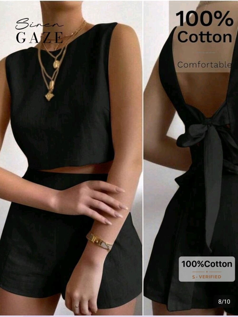 Siren Gaze Black Cotton Two-Piece Tie-Back Set